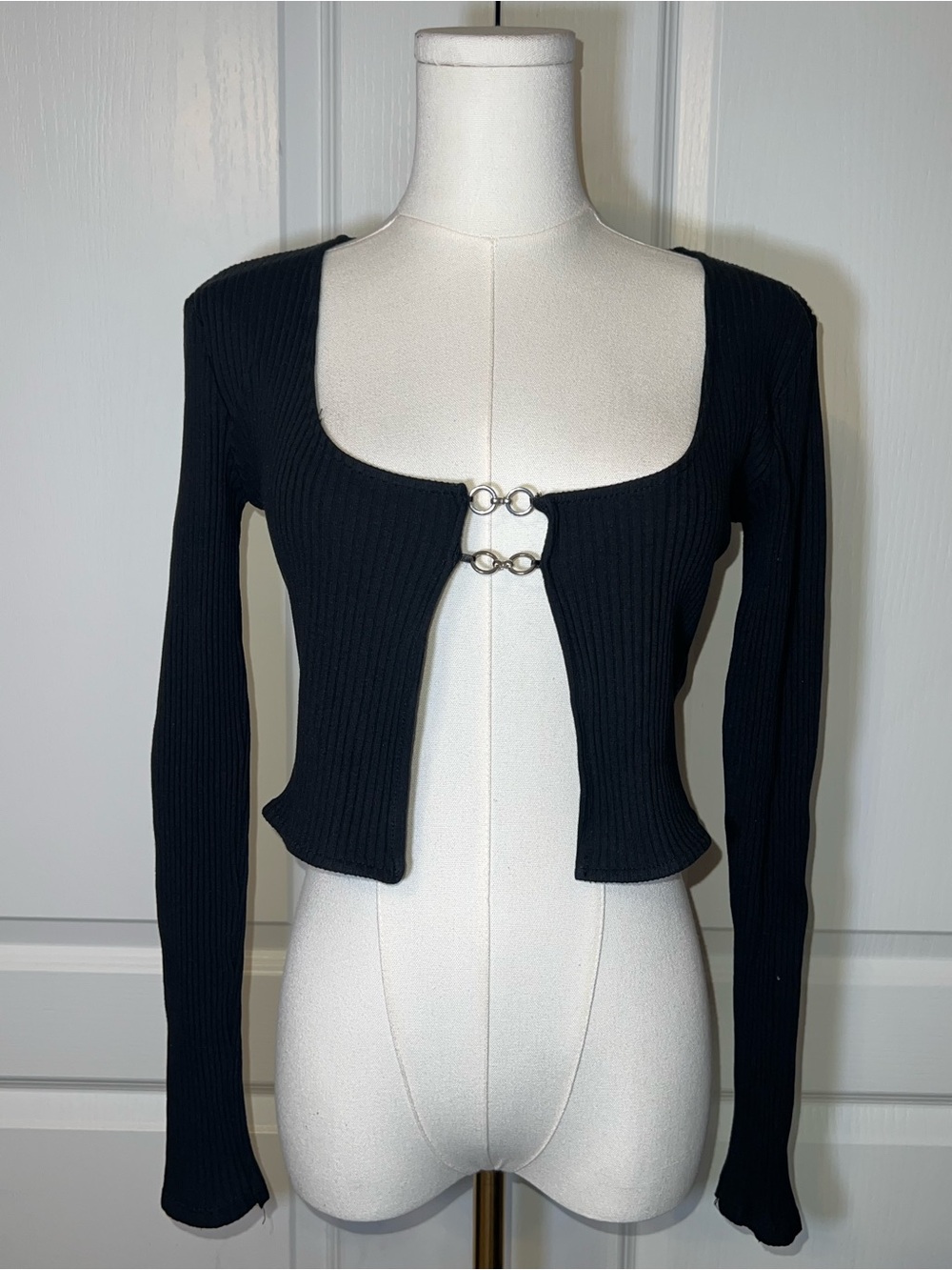 Zara Black Ribbed Crop Top with Double Metal Ring Closures